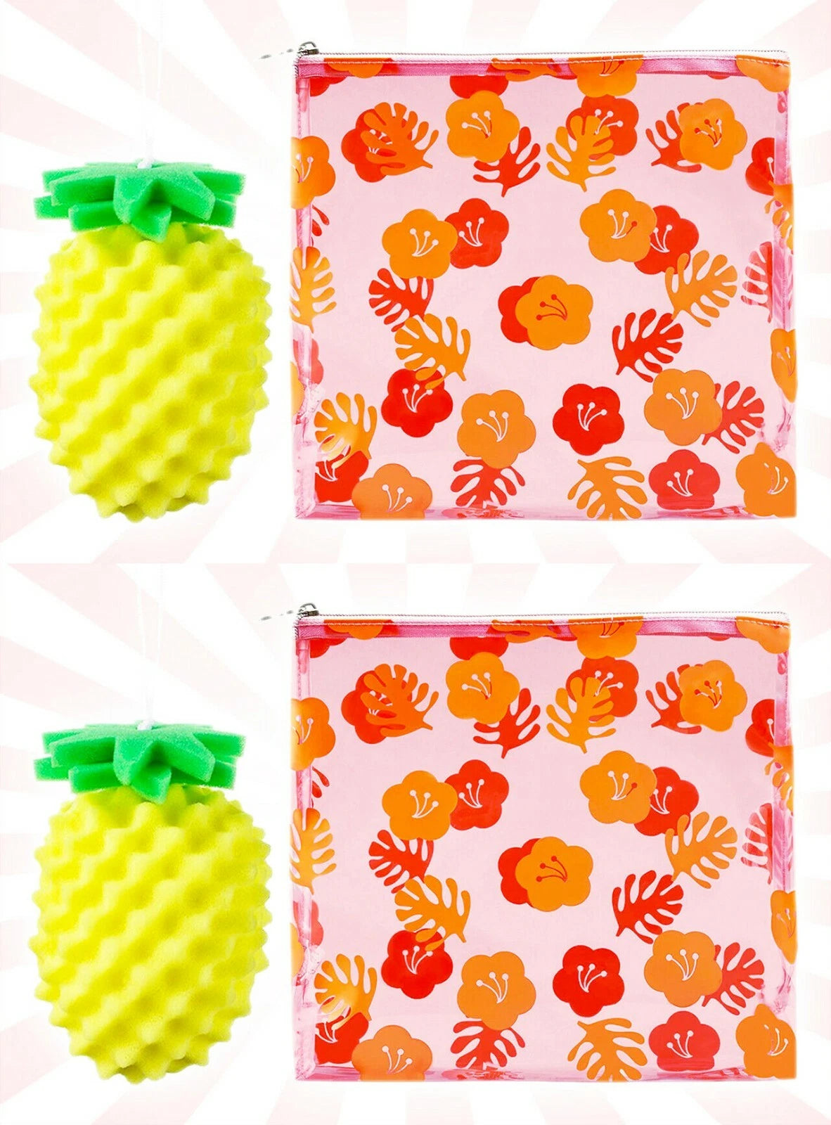 2 Soap & Glory Hibiscus Floral Clear Travel Bag & Pineapple Sponge Loofah Sets