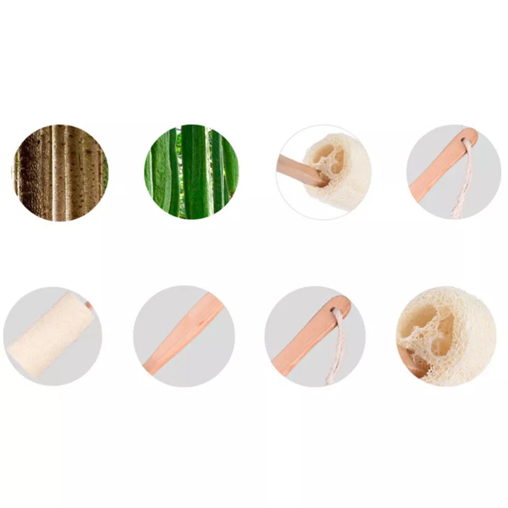4Pcs Wood Loofah Back Scrubber Bath Brush Body Exfoliating Long Handle Massage
