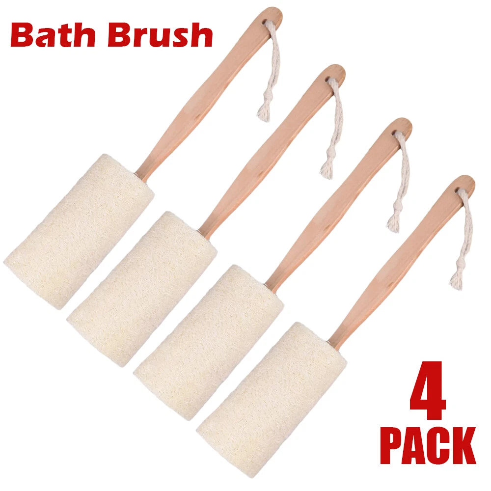 4Pcs Wood Loofah Back Scrubber Bath Brush Body Exfoliating Long Handle Massage