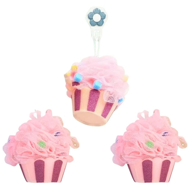 3pk - Large Cupcake Korean Pouf Bath Loofah Sponge for Kids & Adults - Gift Box