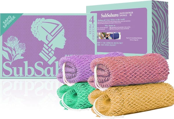 African Net Sponge Authentic - 4 Pieces Gentle Exfoliating Scrubber for All Skin