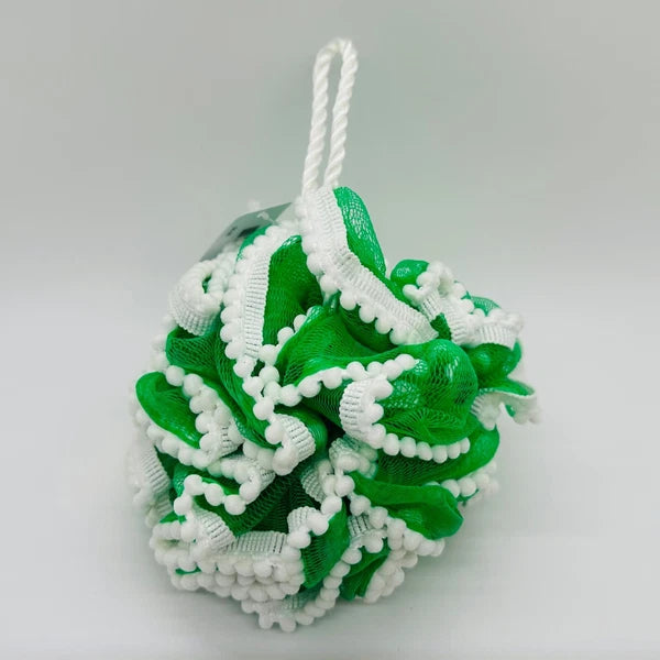 2 Bath & Body Works Loofah Bath Mesh Sponge Pouf Green & White Poms Rope Strap