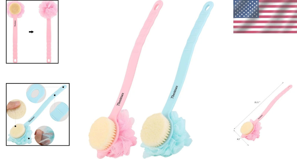 Charming Blue & Pink Loofah Back Scrubber with Long Handle for Bath Indulgence