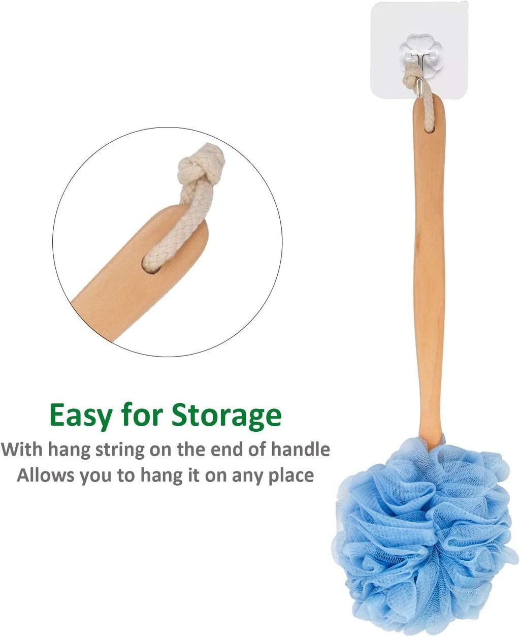 Loofah Back Scrubber, Wooden Long Handle Bath Sponge, Soft Nylon Mesh Brush