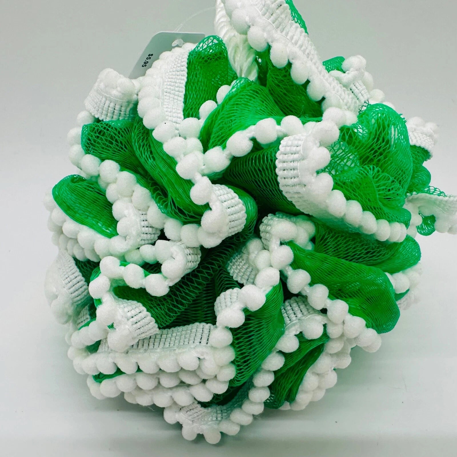2 Bath & Body Works Loofah Bath Mesh Sponge Pouf Green & White Poms Rope Strap