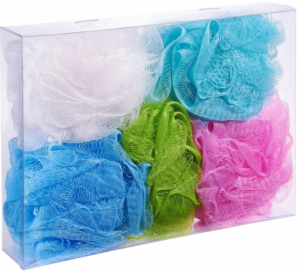 Bundle of 5 Exfoliating Sponges - Bath & Shower Puff Body Brush Scrub Mesh Ball