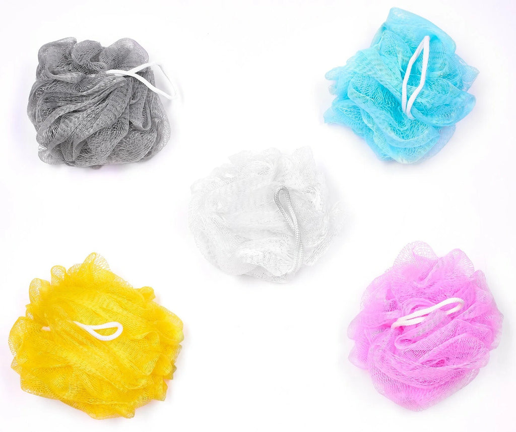 Bundle of 5 Exfoliating Sponges - Bath & Shower Puff Body Brush Scrub Mesh Ball