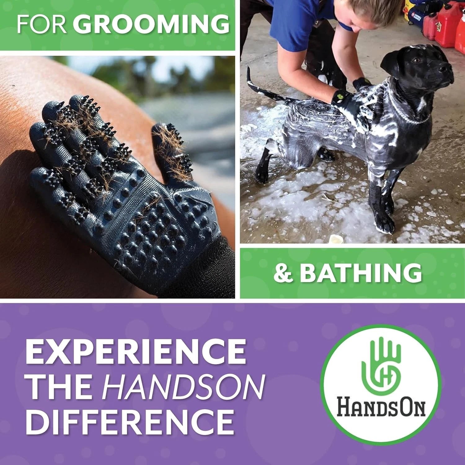 HandsOn Pet Grooming Gloves Shedding Bathing & Hair Remover Brush Medium Black