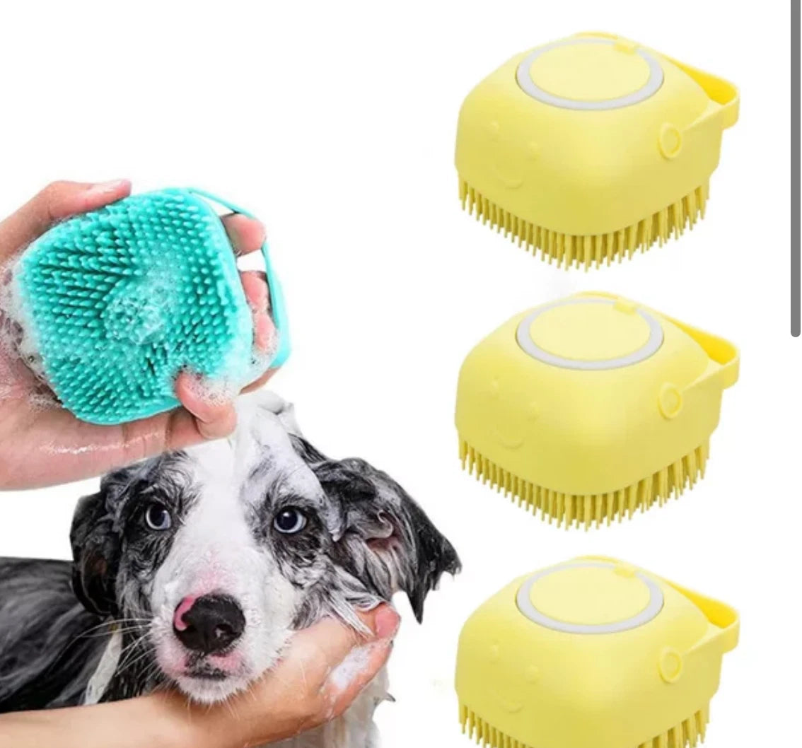Soft Pet bath brushes Massage Dispenser Grooming Silicone Scrubber Tool YELLOW