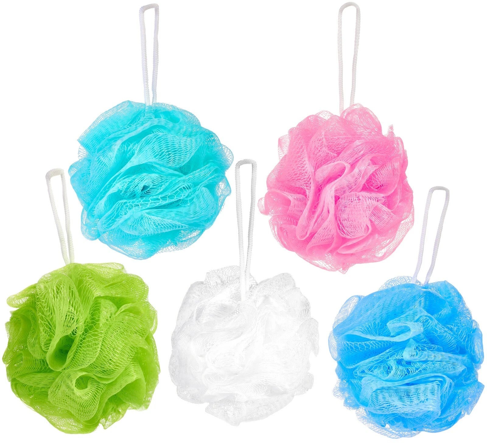 Bundle of 5 Exfoliating Sponges - Bath & Shower Puff Body Brush Scrub Mesh Ball