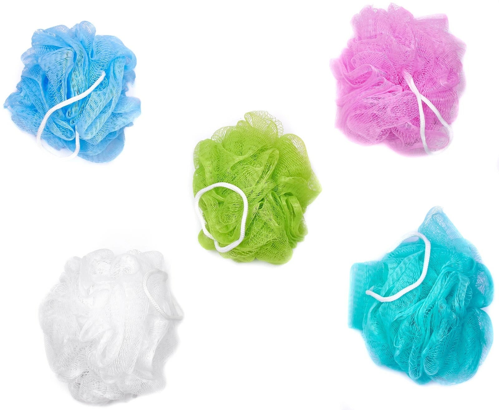 Bundle of 5 Exfoliating Sponges - Bath & Shower Puff Body Brush Scrub Mesh Ball