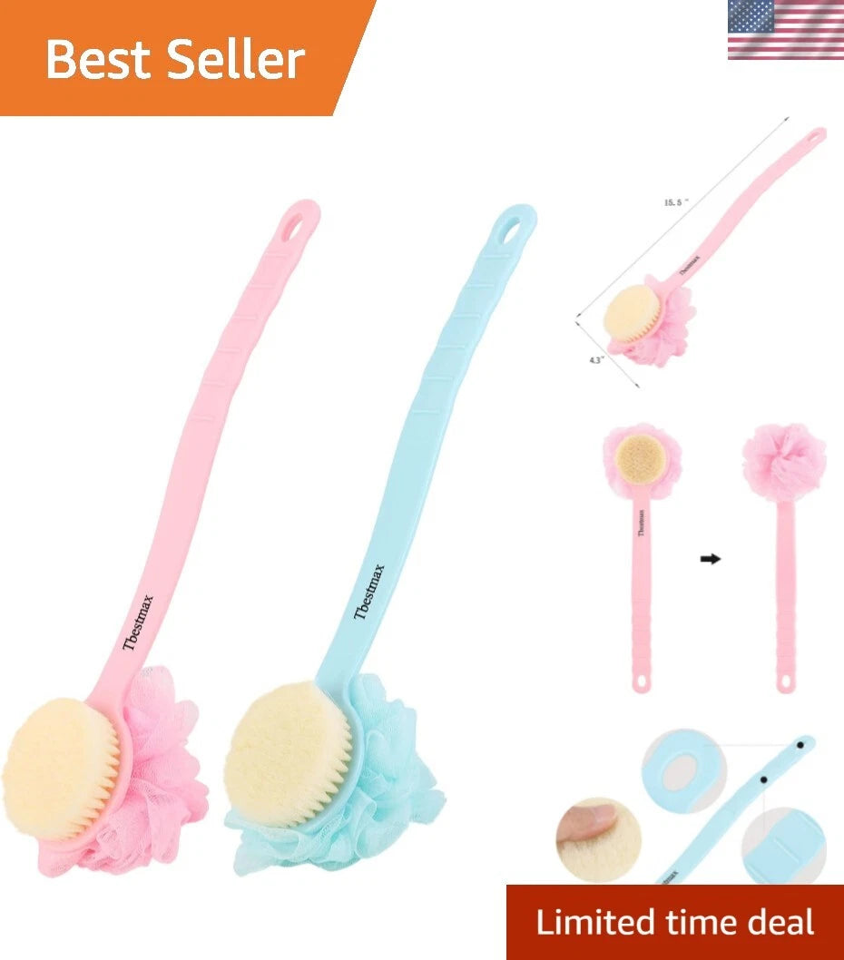 Charming Blue & Pink Loofah Back Scrubber with Long Handle for Bath Indulgence