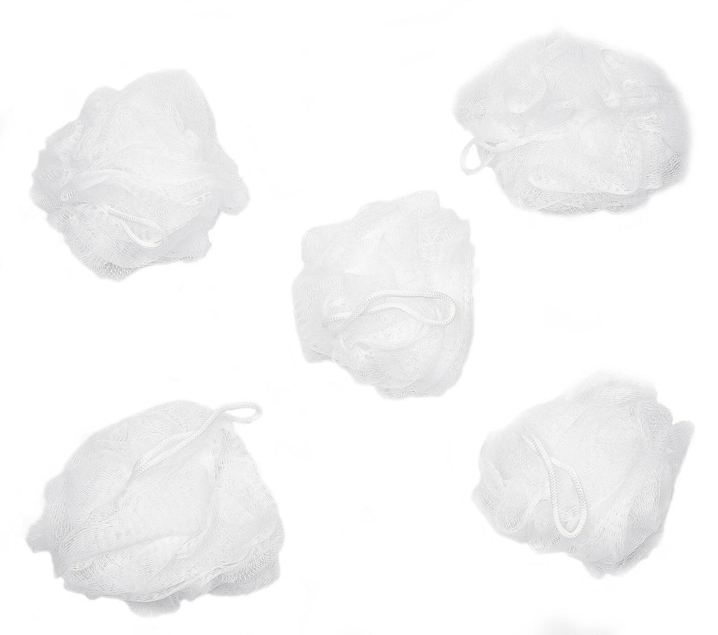 Bundle of 5 Exfoliating Sponges - Bath & Shower Puff Body Brush Scrub Mesh Ball