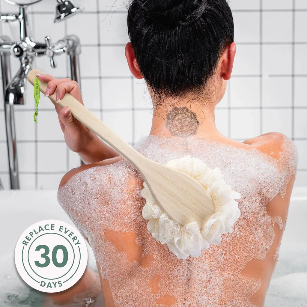 Exfoliating Loofah Body Back Scrubber with Long Wooden Handle for Shower