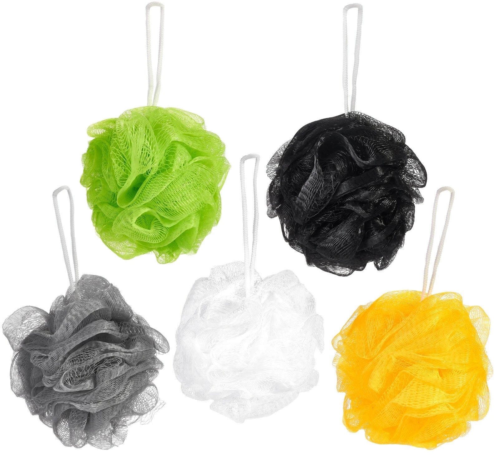 Bundle of 5 Exfoliating Sponges - Bath & Shower Puff Body Brush Scrub Mesh Ball