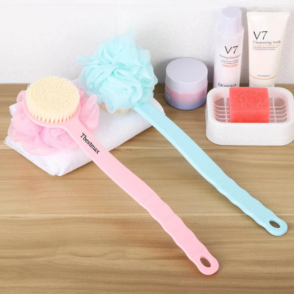 Charming Blue & Pink Loofah Back Scrubber with Long Handle for Bath Indulgence