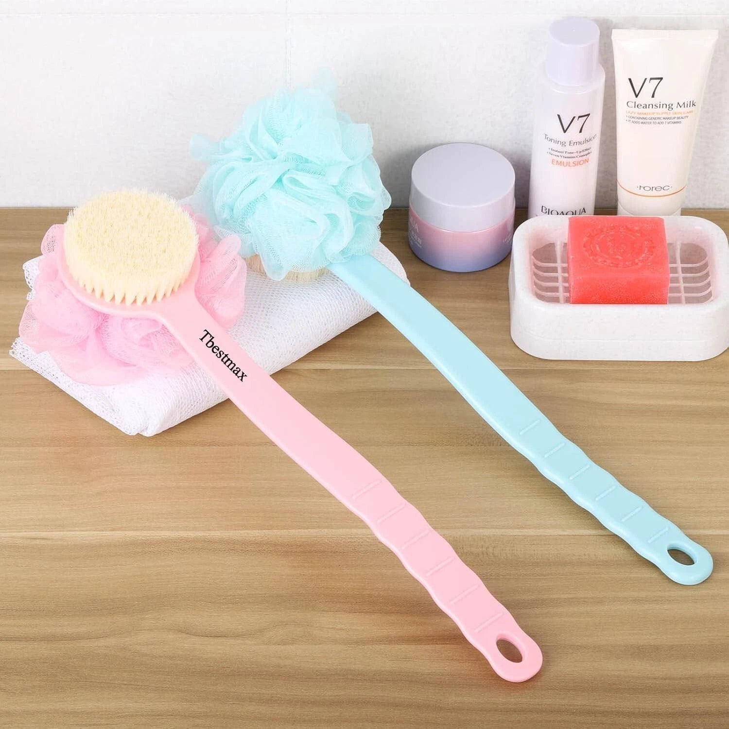 Charming Blue & Pink Loofah Back Scrubber with Long Handle for Bath Indulgence
