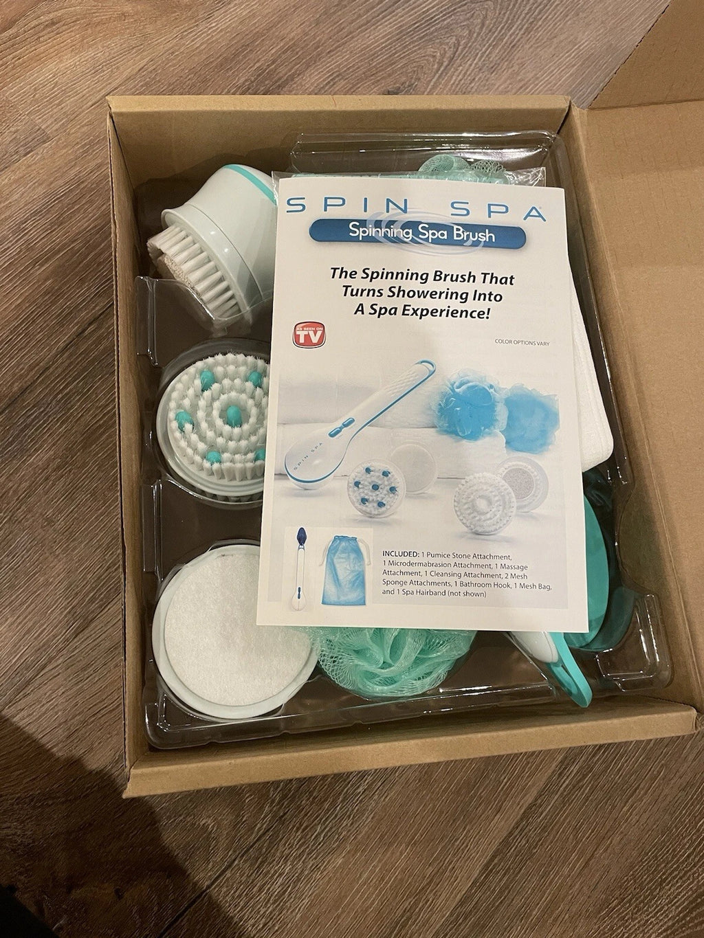 NEW Idea Village Deluxe Spinning Spa Brush- 9 Accessories Teal/Aqua