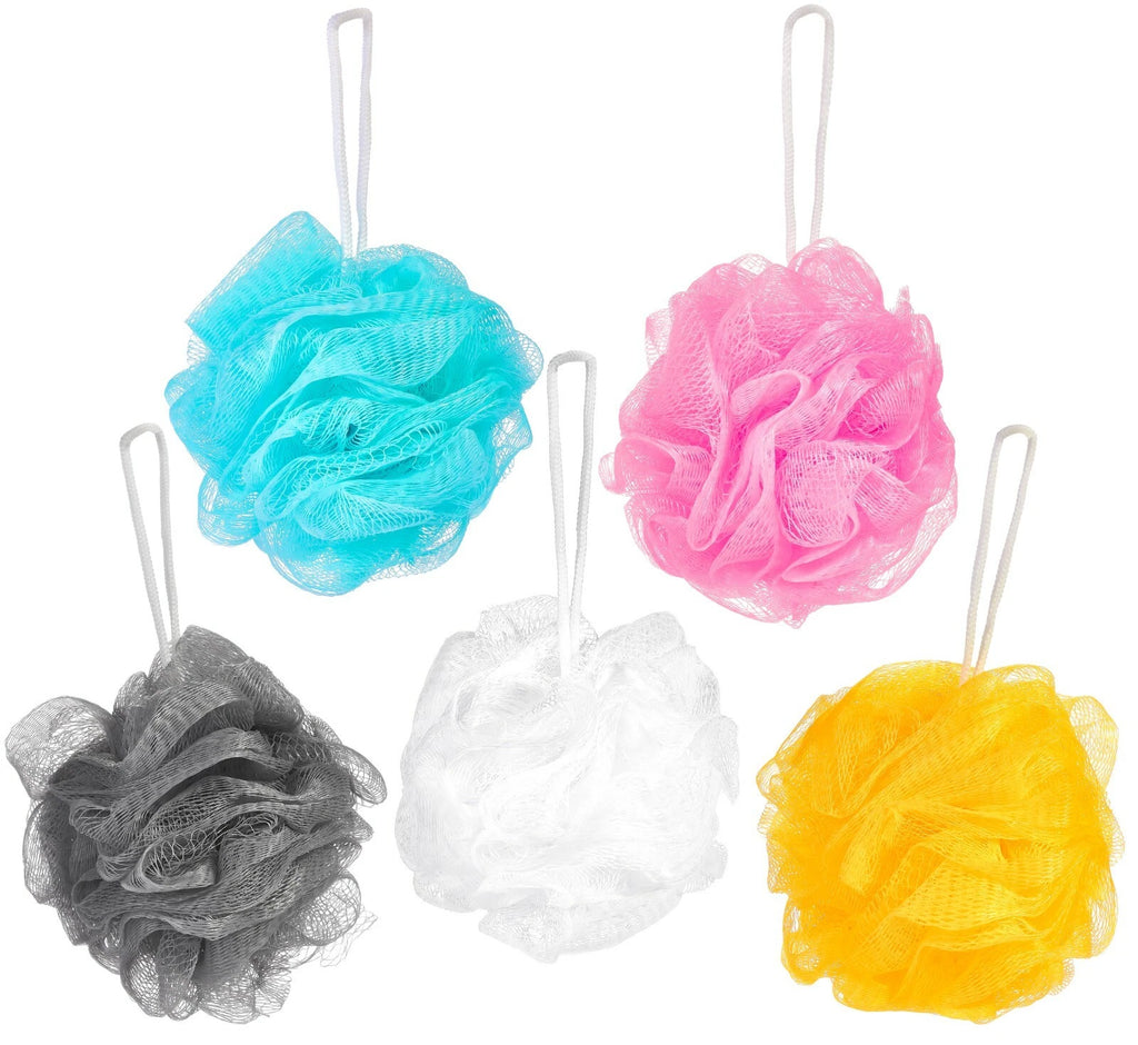 Bundle of 5 Exfoliating Sponges - Bath & Shower Puff Body Brush Scrub Mesh Ball