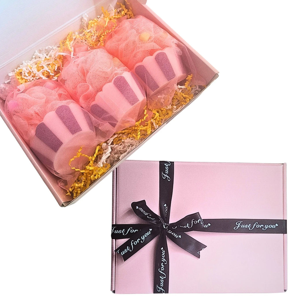 3pk - Large Cupcake Korean Pouf Bath Loofah Sponge for Kids & Adults - Gift Box