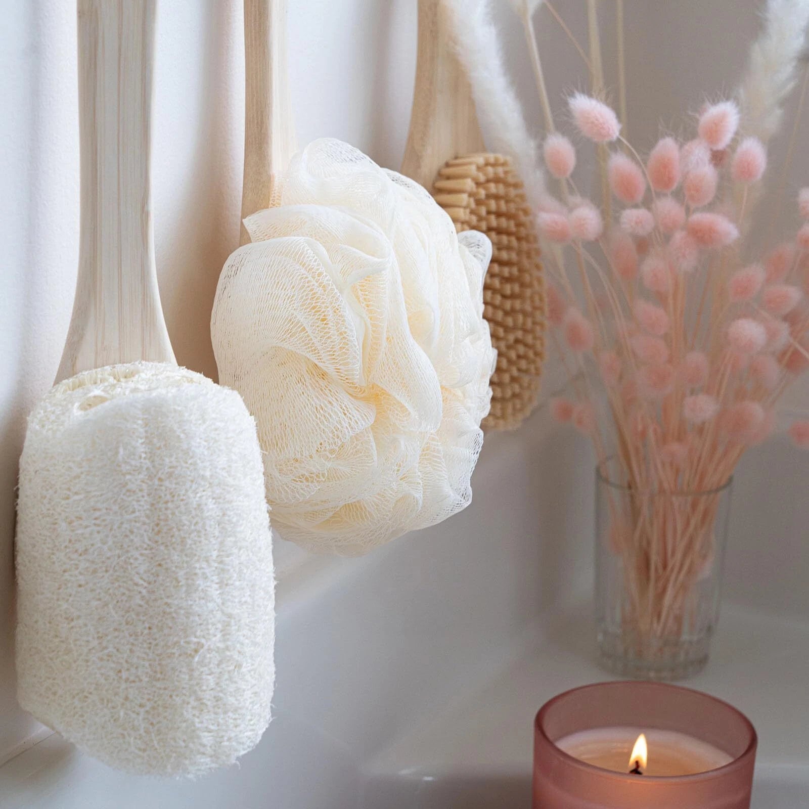 Exfoliating Loofah Body Back Scrubber with Long Wooden Handle for Shower
