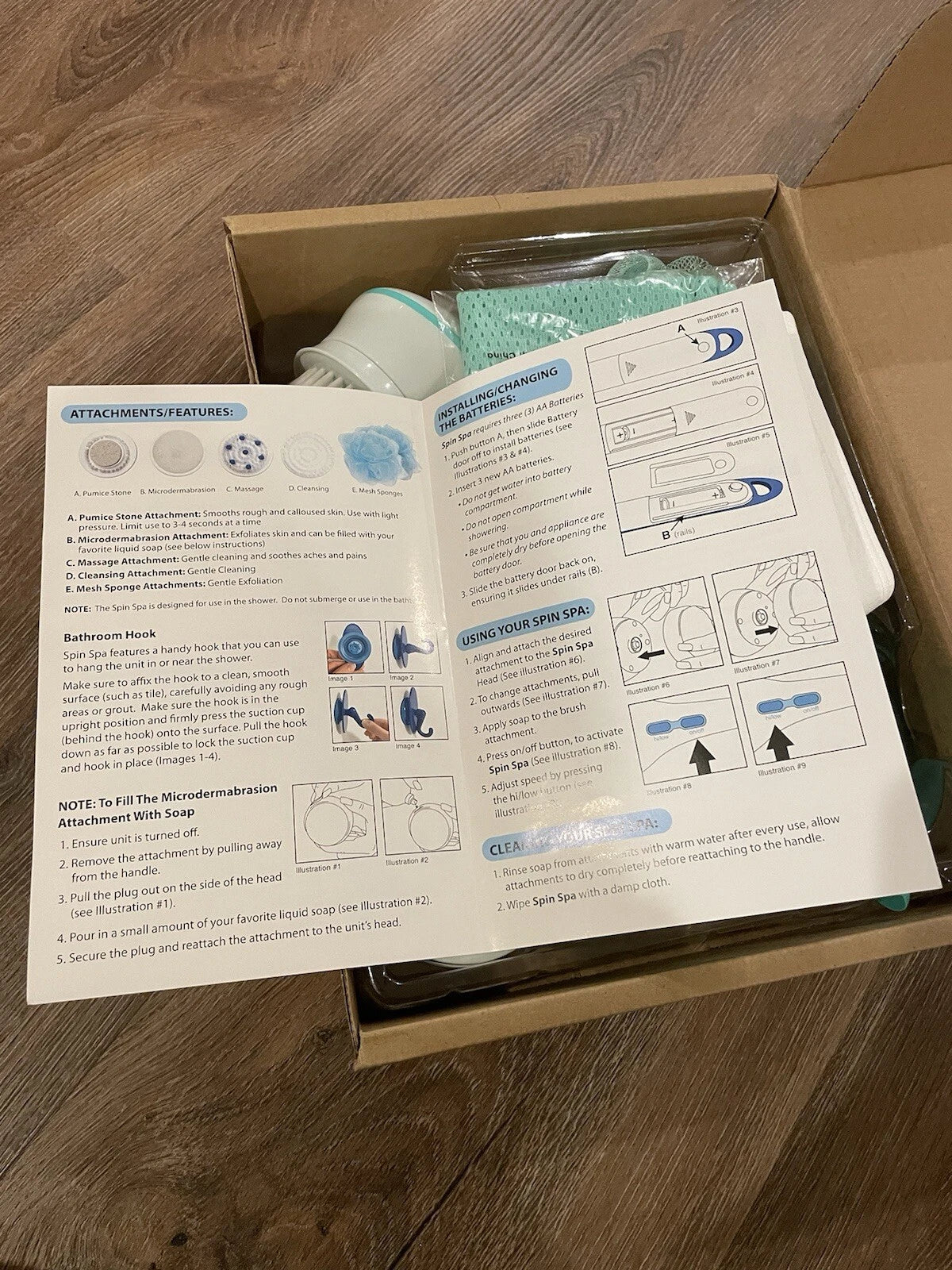 NEW Idea Village Deluxe Spinning Spa Brush- 9 Accessories Teal/Aqua