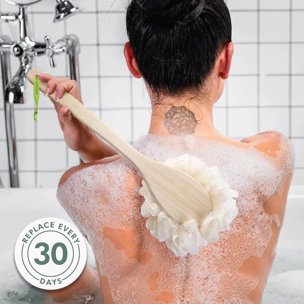 Exfoliating Loofah Body Back Scrubber with Long Wooden Handle for Shower
