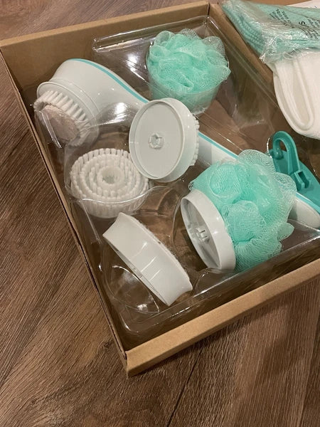 NEW Idea Village Deluxe Spinning Spa Brush- 9 Accessories Teal/Aqua