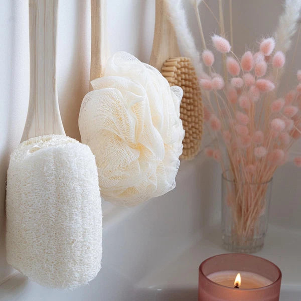 Exfoliating Loofah Body Back Scrubber with Long Wooden Handle for Shower