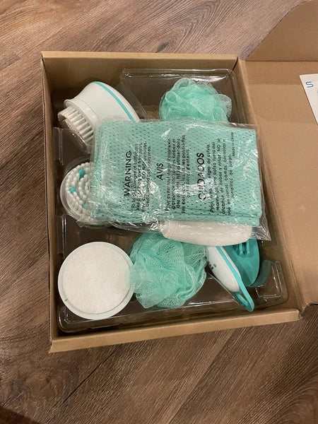 NEW Idea Village Deluxe Spinning Spa Brush- 9 Accessories Teal/Aqua