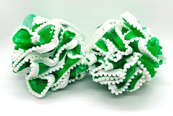 2 Bath & Body Works Loofah Bath Mesh Sponge Pouf Green & White Poms Rope Strap