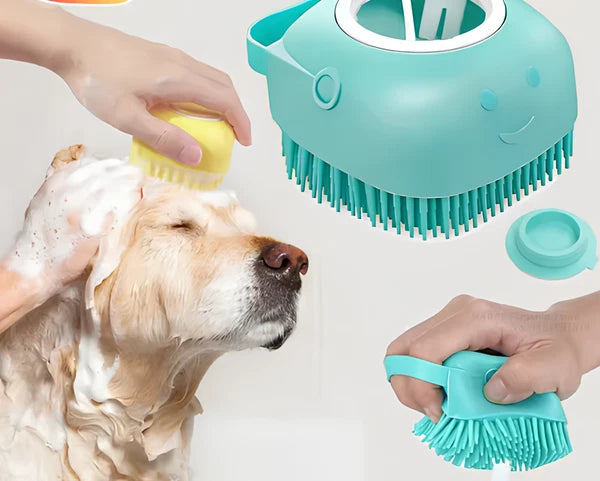 Pet Bath Brush with Shampoo Dispenser – Soft Silicone Grooming Tool for Dogs & C