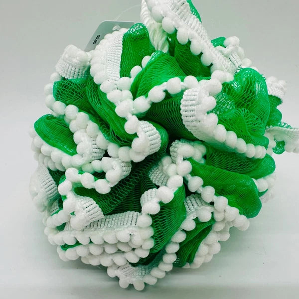 2 Bath & Body Works Loofah Bath Mesh Sponge Pouf Green & White Poms Rope Strap