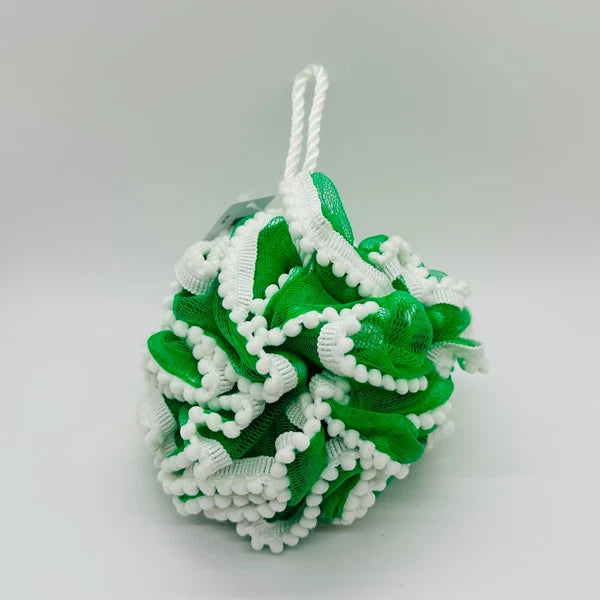2 Bath & Body Works Loofah Bath Mesh Sponge Pouf Green & White Poms Rope Strap
