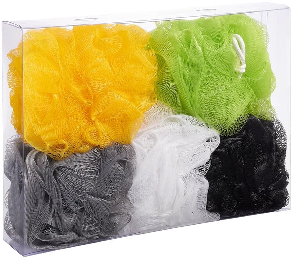 Bundle of 5 Exfoliating Sponges - Bath & Shower Puff Body Brush Scrub Mesh Ball