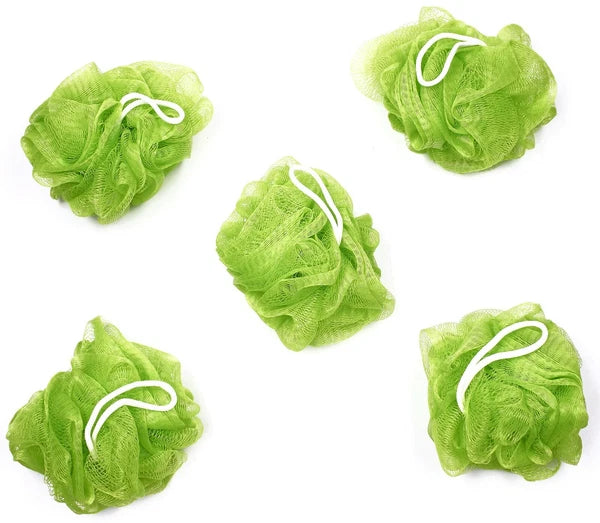 Bundle of 5 Exfoliating Sponges - Bath & Shower Puff Body Brush Scrub Mesh Ball