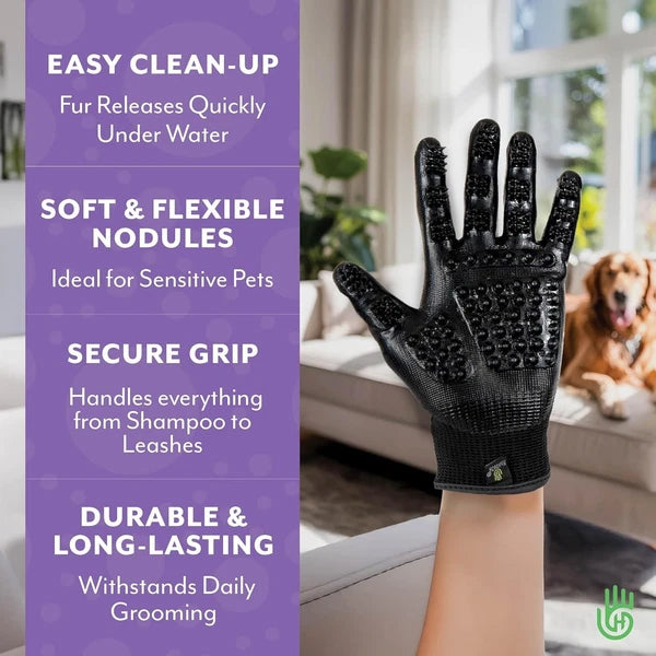 HandsOn Pet Grooming Gloves Shedding Bathing & Hair Remover Brush Medium Black
