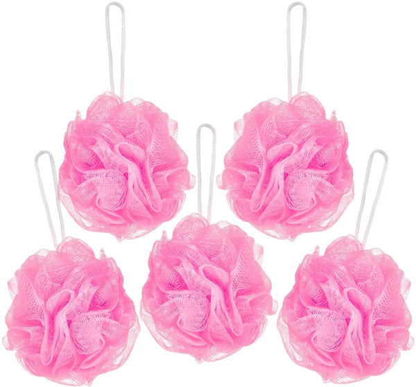 Bundle of 5 Exfoliating Sponges - Bath & Shower Puff Body Brush Scrub Mesh Ball