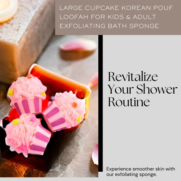 3pk - Large Cupcake Korean Pouf Bath Loofah Sponge for Kids & Adults - Gift Box
