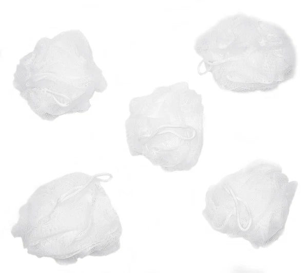 Bundle of 5 Exfoliating Sponges - Bath & Shower Puff Body Brush Scrub Mesh Ball