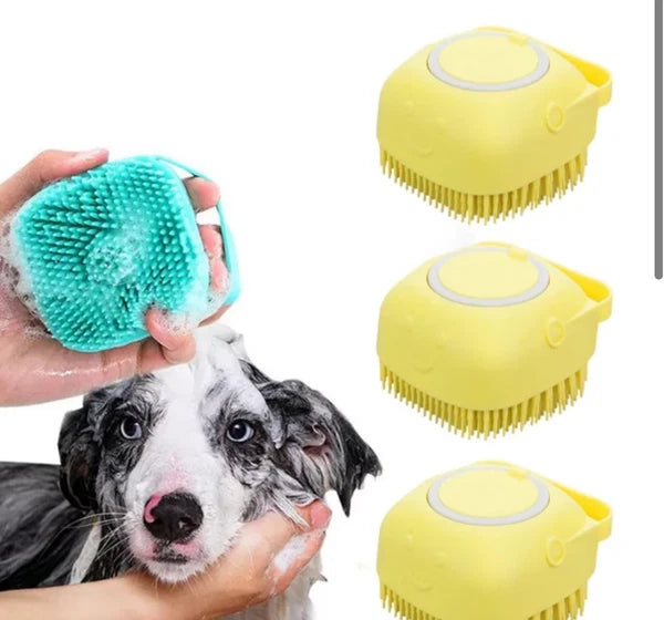 Soft Pet bath brushes Massage Dispenser Grooming Silicone Scrubber Tool YELLOW