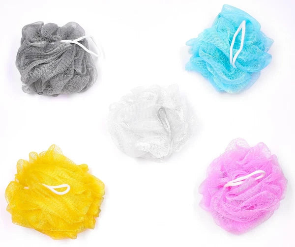 Bundle of 5 Exfoliating Sponges - Bath & Shower Puff Body Brush Scrub Mesh Ball