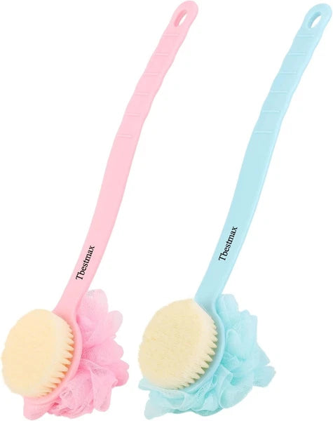 Charming Blue & Pink Loofah Back Scrubber with Long Handle for Bath Indulgence