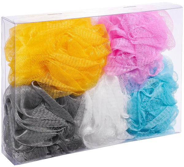 Bundle of 5 Exfoliating Sponges - Bath & Shower Puff Body Brush Scrub Mesh Ball