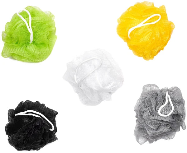 Bundle of 5 Exfoliating Sponges - Bath & Shower Puff Body Brush Scrub Mesh Ball