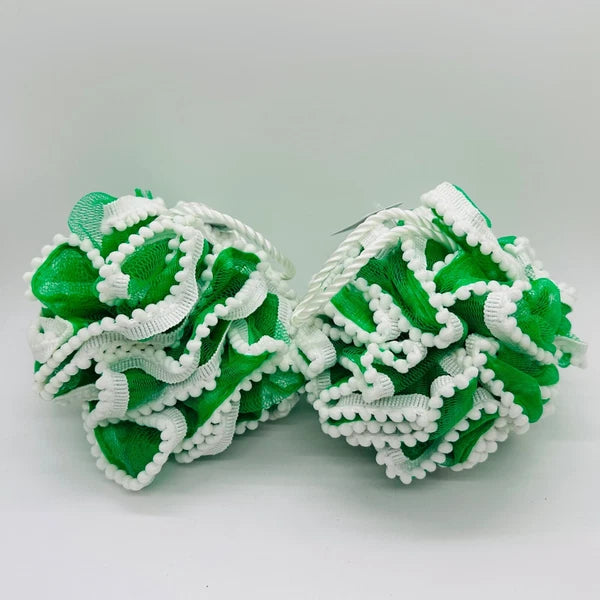 2 Bath & Body Works Loofah Bath Mesh Sponge Pouf Green & White Poms Rope Strap