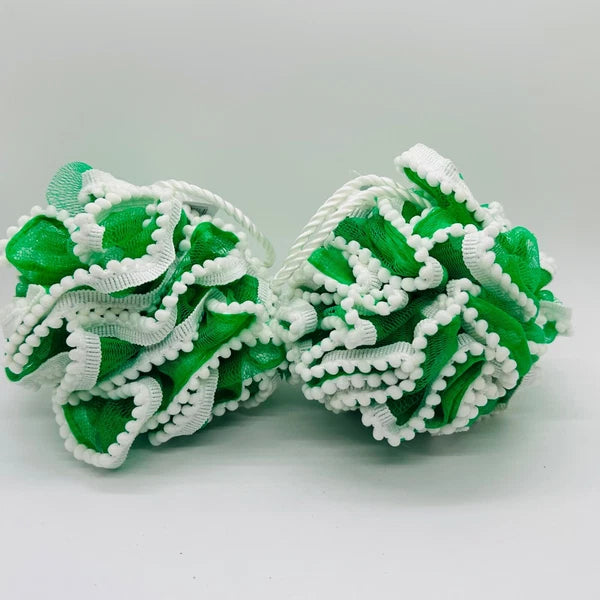 2 Bath & Body Works Loofah Bath Mesh Sponge Pouf Green & White Poms Rope Strap