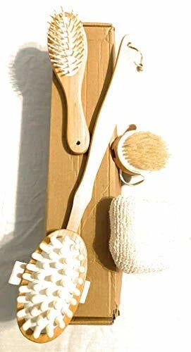 Natural Bath massage Body Brush Set | with detachable long wooden handle